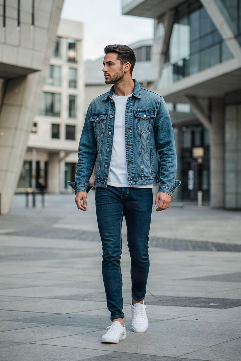 Stylish man wearing denim jacket, urban background portrait